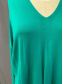 Womens, Pullover, VINCE, Kelly Green, Wool, Rayon, Solid, XL, V-neck, Drop Long Sleeves, High-Low Hem, Ribbed Knit Waistband/Cuff