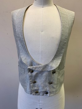N/L MTO, Putty/Khaki Gray, Champagne, Silk, Polyester, Geometric, Hexagon Pattern Brocade, Shawl Lapel, Deep Scoop Neck, Double Breasted, Buttons are Ornate Bronze Filagree with Brown Stones, 2 Pockets, Short Waisted, Cream Lining, Belted Back, 1800's Made To Order Repro