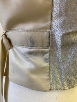 N/L MTO, Putty/Khaki Gray, Champagne, Silk, Polyester, Geometric, Hexagon Pattern Brocade, Shawl Lapel, Deep Scoop Neck, Double Breasted, Buttons are Ornate Bronze Filagree with Brown Stones, 2 Pockets, Short Waisted, Cream Lining, Belted Back, 1800's Made To Order Repro