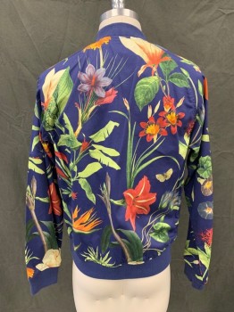 Mens, Casual Jacket, PENFIELD, Navy Blue, Green, Orange, Red, Yellow, Cotton, Floral, M, Bomber Style Jacket, Zip Front, 2 Zip Pockets, Hidden Sleeve Pocket, Raglan Long Sleeves, Solid Navy Ribbed Knit Collar/Waistband/Cuff