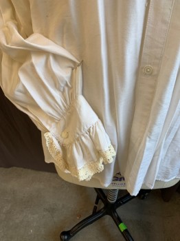 Mens, Historical Fiction Shirt, MTO, Cream, Beige, Cotton, Acetate, Solid, 2XL, Gathered Collar Attached with 2 Gold Buttons, 3 Tiers Ruffle with Beige Lace Trim, Button Front, Long Sleeves Cuffs with Matching Ruffle & Beige Lace Trim Removable with Velcro