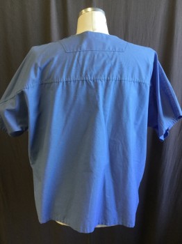 LANDAU, French Blue, Polyester, Cotton, Solid, V-neck, 1 Pocket, Short Sleeves,