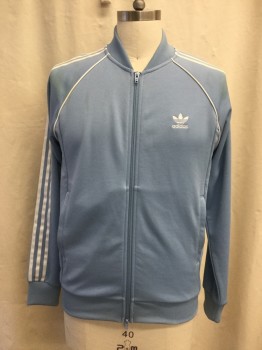 Mens, Casual Jacket, ADIDAS, Powder Blue, White, Polyester, Cotton, Solid, M, Zip Front, 2 Pockets, Raglan Long Sleeves, Ribbed Knit Bomber Collar, Ribbed Knit Cuff/Waistband, White Piping, 3 White Stripes Down Sleeves