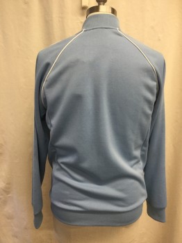 Mens, Casual Jacket, ADIDAS, Powder Blue, White, Polyester, Cotton, Solid, M, Zip Front, 2 Pockets, Raglan Long Sleeves, Ribbed Knit Bomber Collar, Ribbed Knit Cuff/Waistband, White Piping, 3 White Stripes Down Sleeves