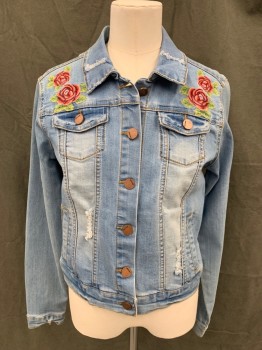 JOU JOU, Lt Blue, Pink, Green, Cotton, Polyester, Solid, Denim Jacket, Button Front, Collar Attached, Long Sleeves, 4 Pockets, Floral Embroidery on Yoke, Distressed