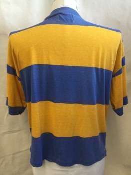 Mens, T-shirt, BUGLE BOY, French Blue, Goldenrod Yellow, Polyester, Cotton, Stripes - Horizontal , L, Crew Neck, 3 Gray Button Front, Short Sleeves, 1" Side Hem Split