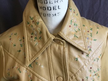 Womens, Jacket, PARTNERS3, Tan Brown, Green, Red, Yellow, Ecru, Vinyl, Chevron, Floral, 36-38, Vine/little Tiny Flowers/leaves Embroidery Front, Back Yoke, Long Sleeves Cuffs, Tan Snap Front, 2 Pockets, 6" Side Split Hem, Goldish-yellow Lining,