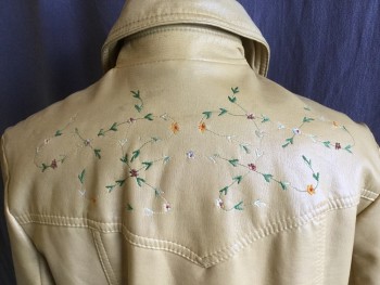 Womens, Jacket, PARTNERS3, Tan Brown, Green, Red, Yellow, Ecru, Vinyl, Chevron, Floral, 36-38, Vine/little Tiny Flowers/leaves Embroidery Front, Back Yoke, Long Sleeves Cuffs, Tan Snap Front, 2 Pockets, 6" Side Split Hem, Goldish-yellow Lining,