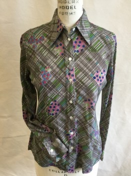 Womens, Blouse, GRAN SASSO, Lt Gray, Lime Green, Pink, Blue, Turquoise Blue, Polyester, Abstract , Floral, S, Collar Attached, Button Front, Long Sleeves,