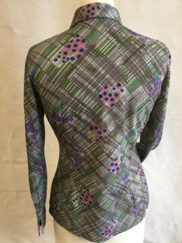 GRAN SASSO, Lt Gray, Lime Green, Pink, Blue, Turquoise Blue, Polyester, Abstract , Floral, Collar Attached, Button Front, Long Sleeves,