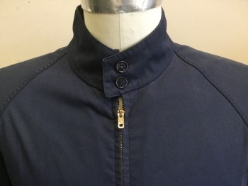 LONDON FOG, Navy Blue, Polyester, Cotton, Solid, Collar Attached with 2 Button, Gold Zip Front, 2 Slant Pockets, Raglan Long Sleeves, Partly 1.75" Thick Elastic Waist Side,