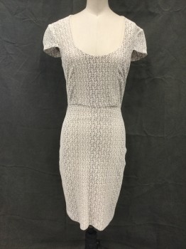 Womens, Dress, Short Sleeve, L'AGENCE, White, Taupe, Cotton, Nylon, Floral, W 25, B 32, 2, White/Taupe Floral Lace, Taupe Lining, Scoop Neck, Cap Sleeve with No Lining, Knee Length, Zip Back