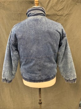 Mens, Jean Jacket, PACIFIC TRAIL, Denim Blue, White, Cotton, Acid Wash, XL, Denim Jacket, Zip Front, Snap Hidden Placket, 4 Pockets, Stand Collar with Button Tab and Zipper with Red Drawstring Hood Inside, Long Sleeves, Elastic Waistband/Cuff, Red Lining with Fill, Red Fill Undercollar,