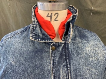 Mens, Jean Jacket, PACIFIC TRAIL, Denim Blue, White, Cotton, Acid Wash, XL, Denim Jacket, Zip Front, Snap Hidden Placket, 4 Pockets, Stand Collar with Button Tab and Zipper with Red Drawstring Hood Inside, Long Sleeves, Elastic Waistband/Cuff, Red Lining with Fill, Red Fill Undercollar,