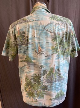 KENNINGTON, Aqua Blue, Olive Green, Gray, Brown, Cotton, Hawaiian Print, Hawaiian Ocean Landscape with Palm Tree Islands and Boats. Retro 1950