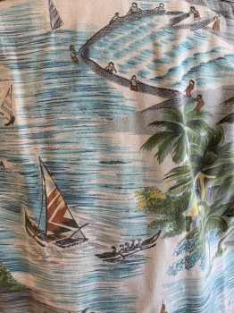 KENNINGTON, Aqua Blue, Olive Green, Gray, Brown, Cotton, Hawaiian Print, Hawaiian Ocean Landscape with Palm Tree Islands and Boats. Retro 1950