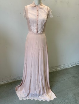 Womens, Evening Gown, N/L MTO, Dusty Rose Pink, Silk, Solid, W:28, B:37, H:40, Crepe De Chine with Sheer Lace Cap Sleeves, Peter Pan Collar, Self Fabric Buttons at Front, Bib Panel at Chest with Lace Trim, Self Belt Attached at Waist, Floor Length with Jagged Lace Hem,  Made To Order Inspired