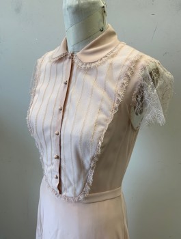 Womens, Evening Gown, N/L MTO, Dusty Rose Pink, Silk, Solid, W:28, B:37, H:40, Crepe De Chine with Sheer Lace Cap Sleeves, Peter Pan Collar, Self Fabric Buttons at Front, Bib Panel at Chest with Lace Trim, Self Belt Attached at Waist, Floor Length with Jagged Lace Hem,  Made To Order Inspired