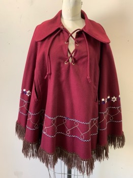 Womens, Poncho, N/L, Red Burgundy, Wool, Solid, O/S, Lace/Tie V-neck, Collar Attached, 2 Welt Slits, Brown Fringe Trim, White/Midnight Floral Detail, Midnight/White Passementerie Swirl Stripe,