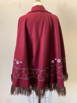 Womens, Poncho, N/L, Red Burgundy, Wool, Solid, O/S, Lace/Tie V-neck, Collar Attached, 2 Welt Slits, Brown Fringe Trim, White/Midnight Floral Detail, Midnight/White Passementerie Swirl Stripe,