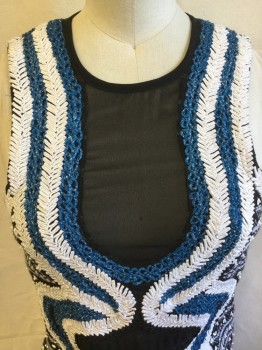 TOP SHOP, Black, White, Turquoise Blue, Silver, Ecru, Polyester, Wool, Stripes - Horizontal , Diamonds, Black Trim Crew Neck, Black/ecru Horizontal Print with White Sequins Detail Work, Turquoise/white Embroidery Work Center Front with Black Sheer Cut-out, White Embroidery Zig-zag Hem, Sleeveless, Zip Back