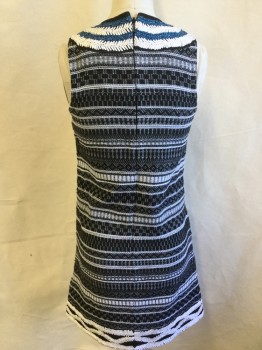 TOP SHOP, Black, White, Turquoise Blue, Silver, Ecru, Polyester, Wool, Stripes - Horizontal , Diamonds, Black Trim Crew Neck, Black/ecru Horizontal Print with White Sequins Detail Work, Turquoise/white Embroidery Work Center Front with Black Sheer Cut-out, White Embroidery Zig-zag Hem, Sleeveless, Zip Back