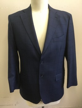 Mens, Sportcoat/Blazer, GALANTE, Navy Blue, Black, Wool, Grid , 42R, Single Breasted, Notched Lapel, 2 Buttons, 3 Pockets, Hand Picked Stitching on Lapel, Solid Black Lining