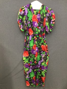 MTO, Red, Purple, Green, Black, Yellow, Silk, Floral, Repro Surplice Button Top, Elastic Waist, Gather Poofy Short Sleeves, Pleated Sleeve with Button Detail