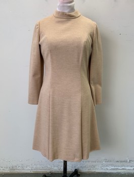BEN GALE, Beige, Wool, Solid, Double Knit, Long Sleeves, Mock Neck, Princess Seams, Straight Fit with Slight Flare Below Waist, 2 Box Pleats at Hem, Knee Length, Center Back Zipper,
