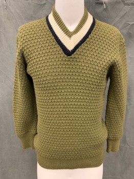 N/L, Dk Olive Grn, Wool, Polyester, Solid, Textured Knit, Ribbed Knit Dark Olive/Black/White Stripe V-neck, Ribbed Knit Cuff/Waistband,