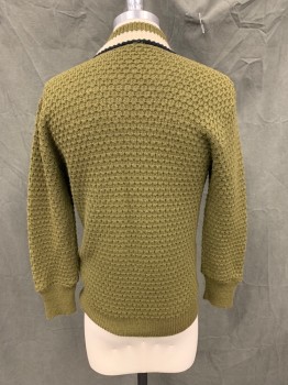 N/L, Dk Olive Grn, Wool, Polyester, Solid, Textured Knit, Ribbed Knit Dark Olive/Black/White Stripe V-neck, Ribbed Knit Cuff/Waistband,