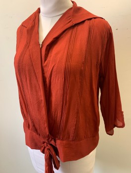 Womens, Blouse, N/L, Brick Red, Silk, Solid, B36, Sheer Crepe De Chine, 3/4 Sleeves, Surplice Wrap Closure with 1 Hook & Eye at Chest, Snap at Waist, Collar Attached, Tiny Vertical Pin Tucks, Self Bow at Center Front Waist, Boxy Oversized Fit,