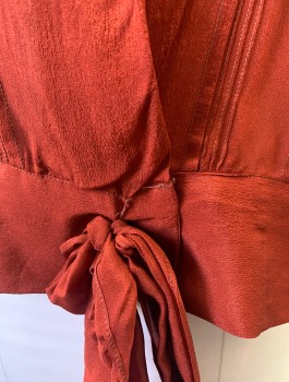 Womens, Blouse, N/L, Brick Red, Silk, Solid, B36, Sheer Crepe De Chine, 3/4 Sleeves, Surplice Wrap Closure with 1 Hook & Eye at Chest, Snap at Waist, Collar Attached, Tiny Vertical Pin Tucks, Self Bow at Center Front Waist, Boxy Oversized Fit,