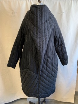 Womens, Sci-Fi/Fantasy Coat/Robe, SIMPLE BLACK, Black, Cotton, Spandex, L, Quilted, White Stitching, High Neck, Pointed Hood, Zip Front, 2 Pckts, Hem Below Knee