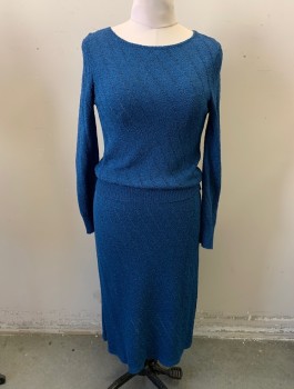 Womens, 1980s Vintage, Top, DVF, Teal Blue, Silk, Solid, Stripes, W30, B38, SWEATER, Round Neck,  Long Sleeves, Self Stripes