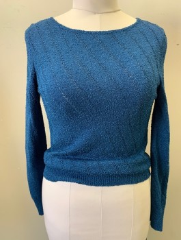 DVF, Teal Blue, Silk, Solid, Stripes, SWEATER, Round Neck,  Long Sleeves, Self Stripes