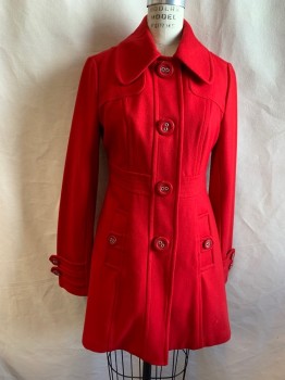 Womens, Coat, TULLE , Tomato Red, Wool, Solid, B 34, S, Single Breasted, Stitched Belt Insert, 2 Vertical Pocket with Button Tab Flap Detail, Double Button Tab Detail at Cuff
