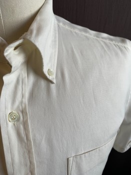 MTO/ANTO, Eggshell White, Cotton, Solid, Pique Weave, Button Front, Collar Attached, Button Down Collar, Short Sleeves, 1 Pocket