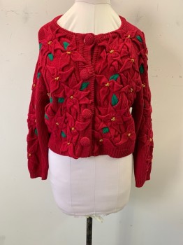 Womens, Cardigan Sweater, MICAHEL SIMON, Red, Green, Yellow, Ramie, Cotton, Floral, Holiday, O/S, Christmas Sweater, Knit, Poinsettia Flower Pattern, Crew Neck, Single Breasted, Button Front, Long Sleeves
