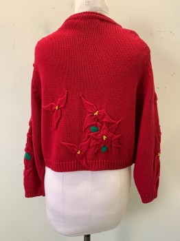 Womens, Cardigan Sweater, MICAHEL SIMON, Red, Green, Yellow, Ramie, Cotton, Floral, Holiday, O/S, Christmas Sweater, Knit, Poinsettia Flower Pattern, Crew Neck, Single Breasted, Button Front, Long Sleeves