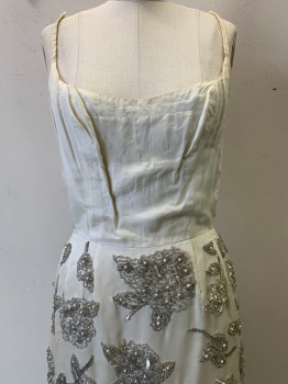 Womens, 1960s Vintage, Piece 1, NO LABEL, Ivory White, Silver, Silk, Floral, W29, B32, Spaghetti Strap, Scoop Neck, Heavily Beaded Dress, Side Slits, Back Zipper, Aged and Distressed