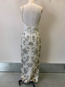 Womens, 1960s Vintage, Piece 1, NO LABEL, Ivory White, Silver, Silk, Floral, W29, B32, Spaghetti Strap, Scoop Neck, Heavily Beaded Dress, Side Slits, Back Zipper, Aged and Distressed