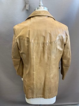 Mens, Leather Jacket, SCHOTT, Lt Brown, Leather, Solid, 42, Single Breasted, 3 Buttons,  Peaked Lapel, 2 Pockets, with Brown Fleece Liner,