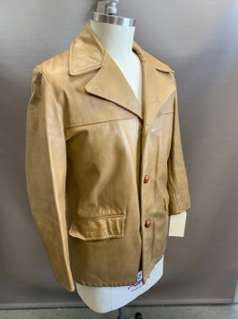 Mens, Leather Jacket, SCHOTT, Lt Brown, Leather, Solid, 42, Single Breasted, 3 Buttons,  Peaked Lapel, 2 Pockets, with Brown Fleece Liner,
