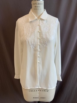 Womens, Blouse, MARKS & SPENCER, White, Polyester, Solid, Floral, B38, C.A., Button Front, L/S, Floral Embroidery at Bust, Button Cuffs