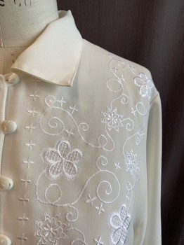 MARKS & SPENCER, White, Polyester, Solid, Floral, C.A., Button Front, L/S, Floral Embroidery at Bust, Button Cuffs
