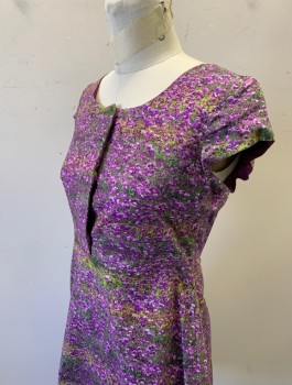 Womens, Dress, Short Sleeve, N/L MTO, Purple, Lavender Purple, Lime Green, Chartreuse Green, Cotton, Floral, W:28, B:34, H:38, Busy Field of Wild Flowers Pattern (Like a Monet Painting), Cap Sleeves, Scoop Neck, Hidden Button Closures at Front, A-Line, Knee Length, Zipper in Back, Retro, Made To Order