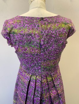 Womens, Dress, Short Sleeve, N/L MTO, Purple, Lavender Purple, Lime Green, Chartreuse Green, Cotton, Floral, W:28, B:34, H:38, Busy Field of Wild Flowers Pattern (Like a Monet Painting), Cap Sleeves, Scoop Neck, Hidden Button Closures at Front, A-Line, Knee Length, Zipper in Back, Retro, Made To Order