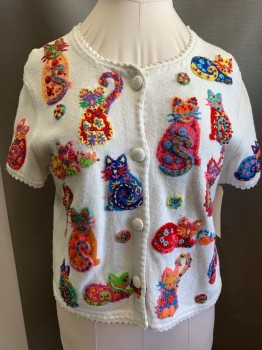 MICHAEL SIMONE NY, White, Multi-color, Ramie, Cotton, Animal Print, Cardigan, Short Sleeves, Scalloped Trim, Multi Colored Kitty Cats with Beads & Button Detail, Meow....