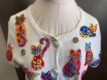 MICHAEL SIMONE NY, White, Multi-color, Ramie, Cotton, Animal Print, Cardigan, Short Sleeves, Scalloped Trim, Multi Colored Kitty Cats with Beads & Button Detail, Meow....